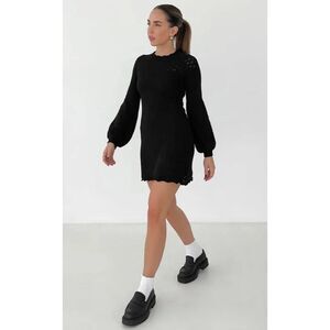 Rumored Vermont Balloon Sleeve High Neck Lettuce Hem Mini Sweater Dress in Black